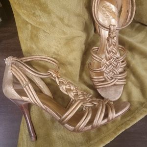 Tory Burch Constance Metallic Braided Leather Sandals Heels